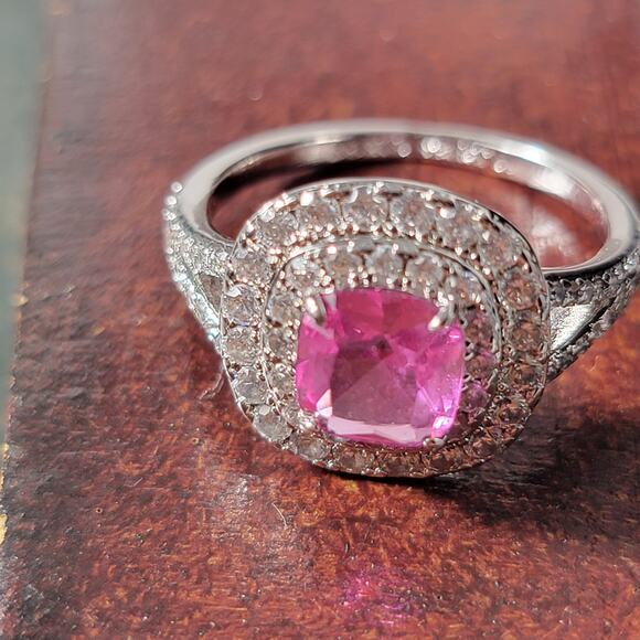Glamorous Rhodium-Plated Size 9 Ring with Pink Gemstone and Pave Accents - Picture 2 of 16